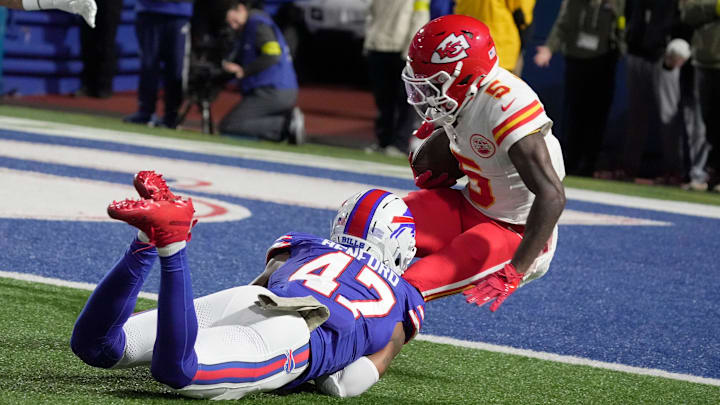 Buffalo Bills cornerback Christian Benford tackles Kansas City Chiefs wide receiver Hollywood Brown stopping him short of the end zone during first half action against the Kansas City Chiefs at Highmark Stadium in Orchard Park on Nov. 2, 2025. Buffalo Bills cornerback Christian Benford tackles Kansas City Chiefs wide receiver Hollywood Brown stopping him short of the end zone during first half action against the Kansas City Chiefs at Highmark Stadium in Orchard Park on Nov. 2, 2025.