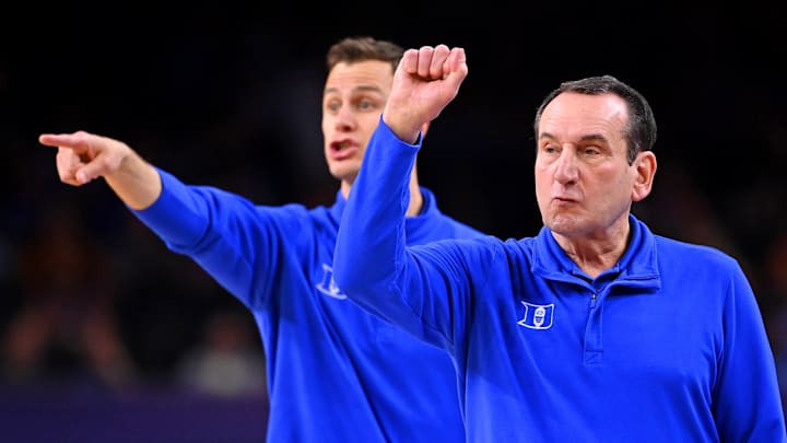 Duke basketball head coach Jon Scheyer and Mike Krzyzewski