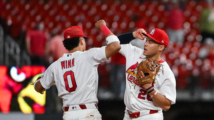 May 4, 2026; St. Louis, Missouri, USA; St. Louis Cardinals shortstop Masyn Winn (0) celebrates with second baseman JJ Wetherholt (26) after the Cardinals defeated the Milwaukee Brewers at Busch Stadium. Mandatory Credit: Jeff Curry-Imagn Images May 4, 2026; St. Louis, Missouri, USA; St. Louis Cardinals shortstop Masyn Winn (0) celebrates with second baseman JJ Wetherholt (26) after the Cardinals defeated the Milwaukee Brewers at Busch Stadium. Mandatory Credit: Jeff Curry-Imagn Images