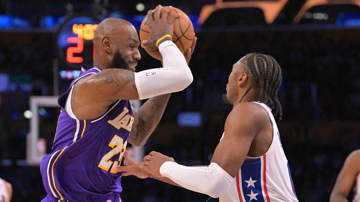 Feb 5, 2026; Los Angeles, California, USA; Los Angeles Lakers forward LeBron James (23) is defended by Philadelphia 76ers guard Tyrese Maxey (0) in the second half at Crypto.com Arena. Mandatory Credit: Jayne Kamin-Oncea-Imagn Images Feb 5, 2026; Los Angeles, California, USA; Los Angeles Lakers forward LeBron James (23) is defended by Philadelphia 76ers guard Tyrese Maxey (0) in the second half at Crypto.com Arena. Mandatory Credit: Jayne Kamin-Oncea-Imagn Images