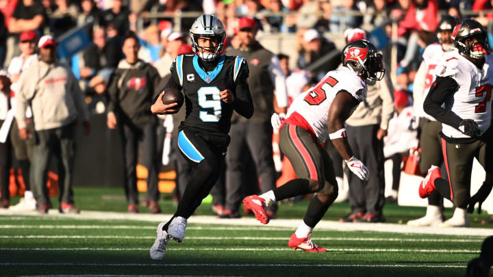 Jan 7, 2024; Charlotte, North Carolina, USA; Carolina Panthers quarterback Bryce Young (9) scrambles in the fourth quarter at Bank of America Stadium. Mandatory Credit: Bob Donnan-USA TODAY Sports Jan 7, 2024; Charlotte, North Carolina, USA; Carolina Panthers quarterback Bryce Young (9) scrambles in the fourth quarter at Bank of America Stadium. Mandatory Credit: Bob Donnan-USA TODAY Sports