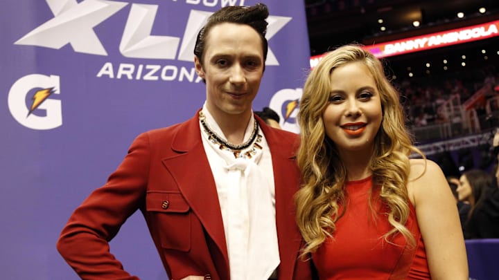 Jan 27, 2015; Phoenix, AZ, USA; NBC correspondents Tara Lipinski (right) and Johnny Weir (left) in attendance during media day for Super Bowl XLIX at US Airways Center.