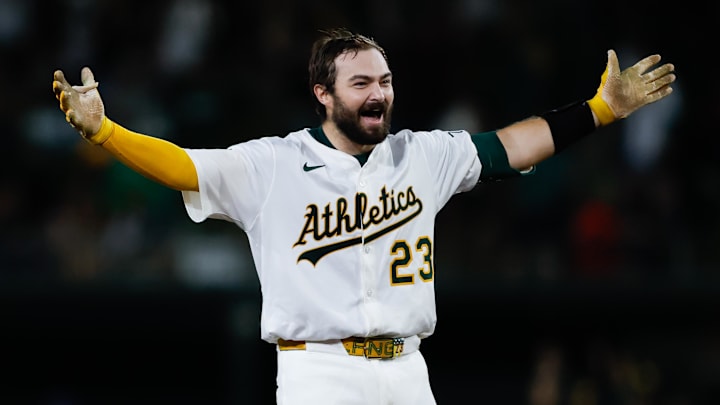 Sep 26, 2025; West Sacramento, California, USA; Athletics catcher Shea Langeliers (23) celebrates after hitting a walk-off RBI double during the ninth inning against the Kansas City Royals at Sutter Health Park. Mandatory Credit: Sergio Estrada-Imagn Images