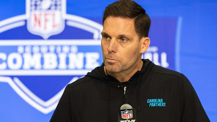 Carolina Panthers President of Football Operations/General Manager Dan Morgan talks to the media at the 2024 NFL Combine at Indiana Convention Center. 