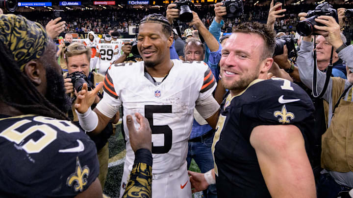 Nov 17, 2024; New Orleans, Louisiana, USA; Cleveland Browns quarterback Jameis Winston (5) hugs his former teammates including New Orleans Saints linebacker Demario Davis (56) and New Orleans Saints tight end Taysom Hill (7) at the end of the game at Caesars Superdome. Mandatory Credit: Matthew Hinton-Imagn Images Nov 17, 2024; New Orleans, Louisiana, USA; Cleveland Browns quarterback Jameis Winston (5) hugs his former teammates including New Orleans Saints linebacker Demario Davis (56) and New Orleans Saints tight end Taysom Hill (7) at the end of the game at Caesars Superdome. Mandatory Credit: Matthew Hinton-Imagn Images