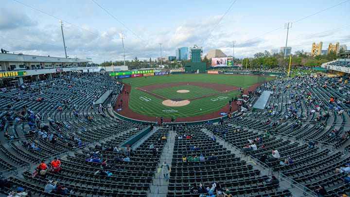 Apr 1, 2025; West Sacramento, California, USA; General view of Sutter Health Park before the game between the Athletics and Chicago Cubs. Mandatory Credit: Ed Szczepanski-Imagn Images Apr 1, 2025; West Sacramento, California, USA; General view of Sutter Health Park before the game between the Athletics and Chicago Cubs. Mandatory Credit: Ed Szczepanski-Imagn Images