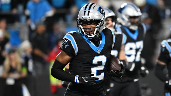 Jan 10, 2026; Charlotte, NC, USA; Carolina Panthers cornerback Mike Jackson (2) reacts in the fourth quarter in an NFC Wild Card Round game at Bank of America Stadium. Mandatory Credit: Bob Donnan-Imagn Images
