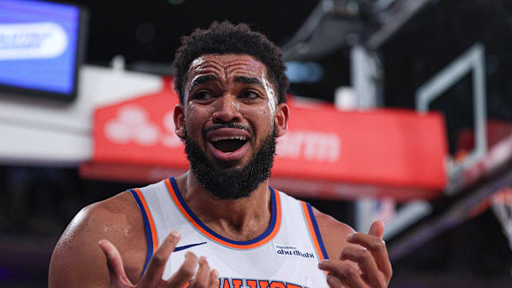 Jan 7, 2026; New York, New York, USA; New York Knicks center Karl-Anthony Towns (32) reacts during the second half against the LA Clippers at Madison Square Garden. Mandatory Credit: Vincent Carchietta-Imagn Images
