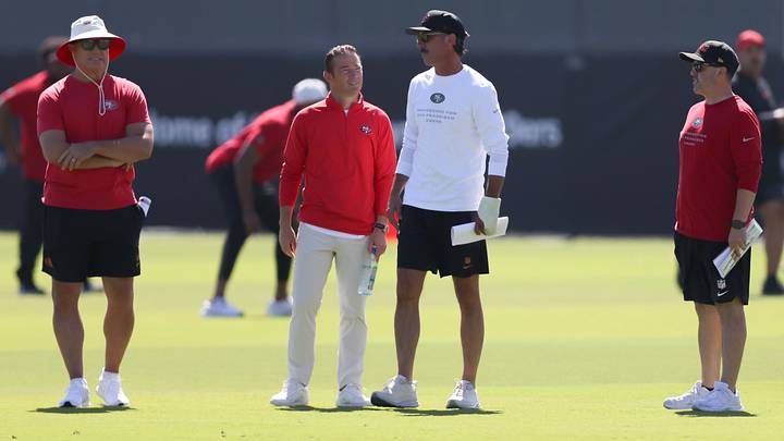 Aug 3, 2026; San Francisco, CA, USA; San Francisco 49ers head coach Kyle Shanahan during training camp at Levi's Stadium. Mandatory Credit: Sergio Estrada-Imagn Images