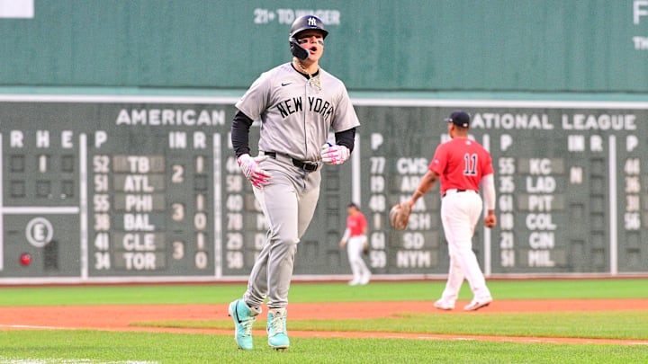 Jun 14, 2024; Boston, Massachusetts, USA;  New York Yankees right fielder Alex Verdugo (24) reacts to his hits a two-run home run against the Boston Red Sox during the first inning at Fenway Park. Mandatory Credit: Eric Canha-USA TODAY Sports