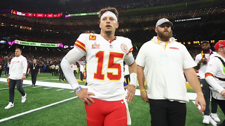 Feb 9, 2025; New Orleans, LA, USA; Kansas City Chiefs quarterback Patrick Mahomes (15) reacts after losing to the Philadelphia Eagles in Super Bowl LIX at Ceasars Superdome. Mandatory Credit: Mark J. Rebilas-Imagn Images