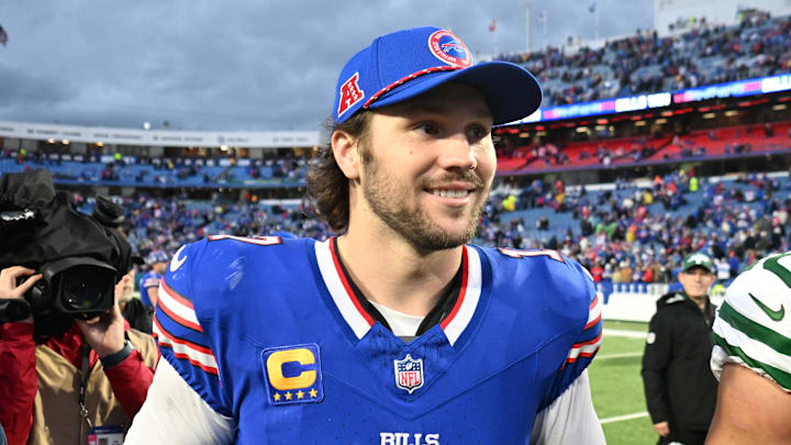 Dec 29, 2024; Orchard Park, New York, USA; Buffalo Bills quarterback Josh Allen (17) leaves the field after a game against the New York Jets at Highmark Stadium.