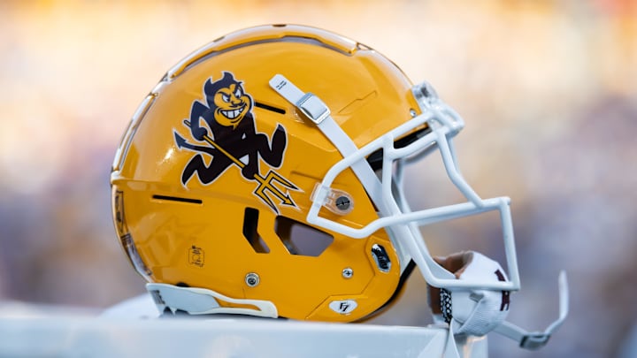 Nov 23, 2024; Tempe, Arizona, USA; Detailed view of an Arizona State Sun Devils helmet at Mountain America Stadium. Mandatory Credit: Mark J. Rebilas-Imagn Images