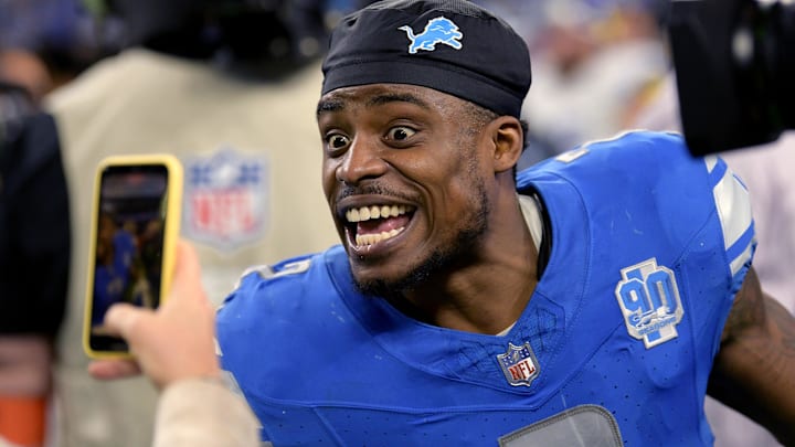 Jan 14, 2024; Detroit, Michigan, USA; Detroit Lions safety C.J. Gardner-Johnson (2) celebrates after a 2024 NFC wild card game against the Los Angeles Rams at Ford Field. Mandatory Credit: Lon Horwedel-Imagn Images