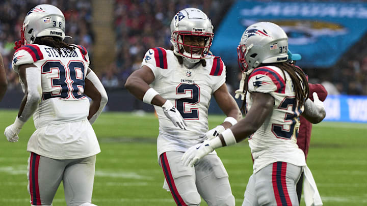 Oct 20, 2024; London, United Kingdom; New England Patriots wide receiver K.J. Osborn (2) reacts in the first half during an NFL International Series game at Wembley Stadium. Mandatory Credit: Peter van den Berg-Imagn Images