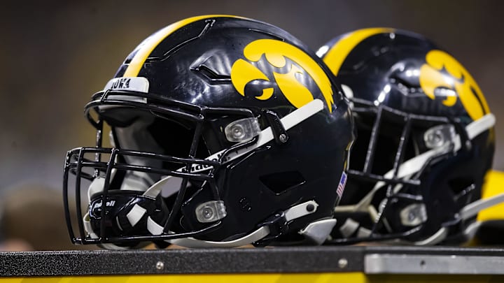 Dec 4, 2021; Indianapolis, IN, USA; Detailed view of Iowa Hawkeyes helmet on the sidelines in the Big Ten Conference championship game at Lucas Oil Stadium. Mandatory Credit: Mark J. Rebilas-Imagn Images Dec 4, 2021; Indianapolis, IN, USA; Detailed view of Iowa Hawkeyes helmet on the sidelines in the Big Ten Conference championship game at Lucas Oil Stadium. Mandatory Credit: Mark J. Rebilas-Imagn Images