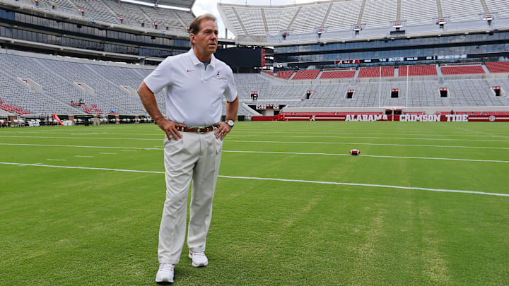 Coach Nick Saban stands on the turf inside Bryant-Denny Stadium during media day Saturday, August 3, 2019 in Bryant-Denny Stadium. [Staff Photo/Gary Cosby Jr.]