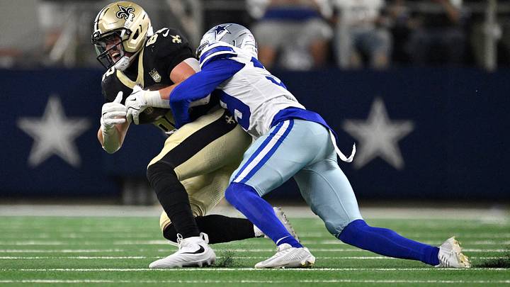 Dallas Cowboys cornerback Ameer Speed tackles New Orleans Saints tight end Treyton Welch. Dallas Cowboys cornerback Ameer Speed tackles New Orleans Saints tight end Treyton Welch.