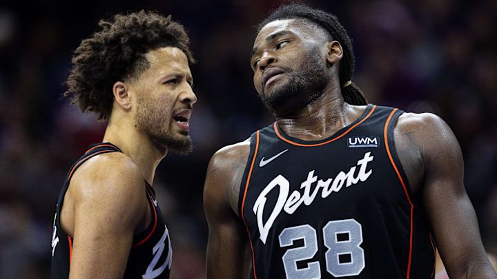 Dec 15, 2023; Philadelphia, Pennsylvania, USA; Detroit Pistons center Isaiah Stewart (28) : Bill Streicher-Imagn Images