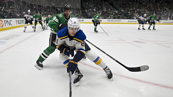 Dec 14, 2024; Dallas, Texas, USA; Dallas Stars defenseman Ilya Lyubushkin (46) and St. Louis Blues left wing Dylan Holloway (81) in action during the game between the Dallas Stars and the St. Louis Blues at American Airlines Center. Mandatory Credit: Jerome Miron-Imagn Images