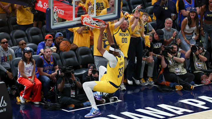 Jun 19, 2025; Indianapolis, Indiana, USA; Indiana Pacers center Myles Turner (33) dunks the ball against the Oklahoma City Thunder in the third quarter during game six of the 2025 NBA Finals at Gainbridge Fieldhouse. Mandatory Credit: Trevor Ruszkowski-Imagn Images