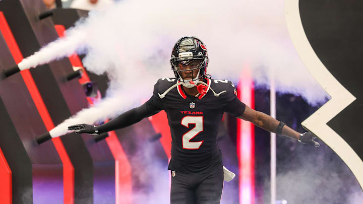 Nov 9, 2025; Houston, Texas, USA; Houston Texans safety Calen Bullock (2) is introduced  before playing against the Jacksonville Jaguars at NRG Stadium. Mandatory Credit: Thomas Shea-Imagn Images