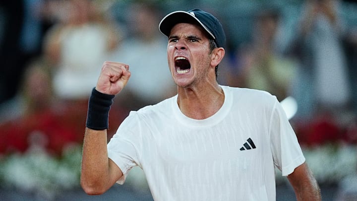 Rafael Jodar celebrates his win over Alex de Minaur at the Madrid Open.