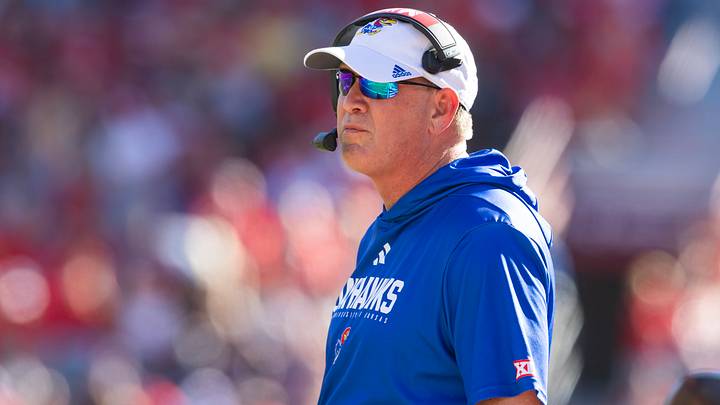 Nov 8, 2025; Tucson, Arizona, USA; Kansas Jayhawks head coach Lance Leipold against the Arizona Wildcats at Arizona Stadium. Mandatory Credit: Mark J. Rebilas-Imagn Images Nov 8, 2025; Tucson, Arizona, USA; Kansas Jayhawks head coach Lance Leipold against the Arizona Wildcats at Arizona Stadium. Mandatory Credit: Mark J. Rebilas-Imagn Images