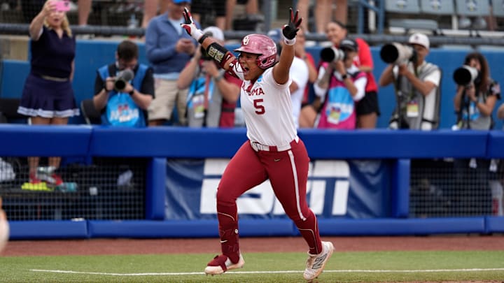 Oklahoma slugger Ella Parker celebrates after hitting a walk-off home run against Tennessee at the 2025 WCWS.