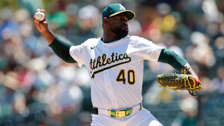 May 22, 2025; West Sacramento, California, USA; Athletics starting pitcher Luis Severino (40) throws a pitch during the first inning against the Los Angeles Angels at Sutter Health Park. Mandatory Credit: Sergio Estrada-Imagn Images