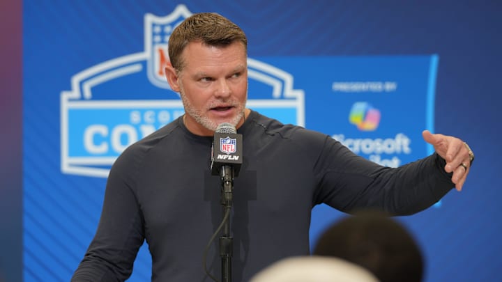 Indianapolis Colts general manager Chris Ballard speaks to the media during the 2025 NFL draft.