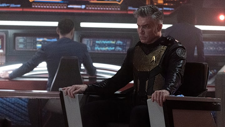 L-R Ethan Peck as Spock and Anson Mount as Capt. Pike in Star Trek: Strange New Worlds streaming on Paramount+, 2023. Photo Credit: Michael Gibson/Paramount+