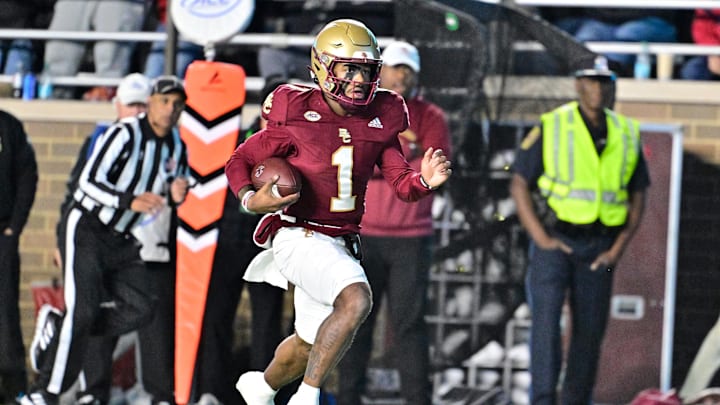 Oct 25, 2024; Chestnut Hill, Massachusetts, USA; Boston College Eagles quarterback Thomas Castellanos (1) runs the ball against the Louisville Cardinals during the first half at Alumni Stadium. Mandatory Credit: Eric Canha-Imagn Images