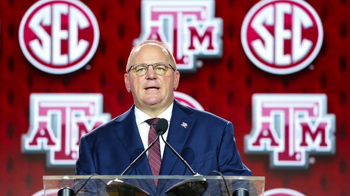 Texas A&M Aggies head coach Mike Elko speaks to the press during SEC Football Kickoff Media Day at the Tampa Marriott. Texas A&M Aggies head coach Mike Elko speaks to the press during SEC Football Kickoff Media Day at the Tampa Marriott.
