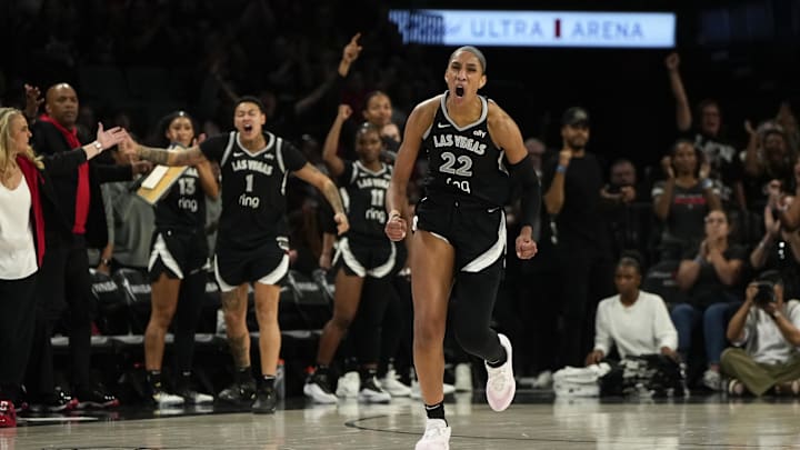 Aug 19, 2025; Las Vegas, Nevada, USA; Las Vegas Aces center A'ja Wilson (22) reacts after scoring against the Atlanta Dream during the second half of a WNBA basketball game at Michelob Ultra Arena. Mandatory Credit: Lucas Peltier-Imagn Images Aug 19, 2025; Las Vegas, Nevada, USA; Las Vegas Aces center A'ja Wilson (22) reacts after scoring against the Atlanta Dream during the second half of a WNBA basketball game at Michelob Ultra Arena. Mandatory Credit: Lucas Peltier-Imagn Images