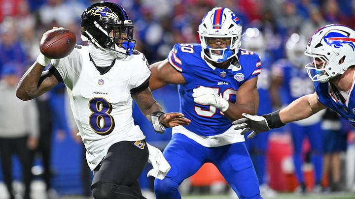 Sep 7, 2025; Orchard Park, New York, USA;  Baltimore Ravens quarterback Lamar Jackson (8) runs the ball during the fourth quarter against the Buffalo Bills at Highmark Stadium. Mandatory Credit: Mark Konezny-Imagn Images
