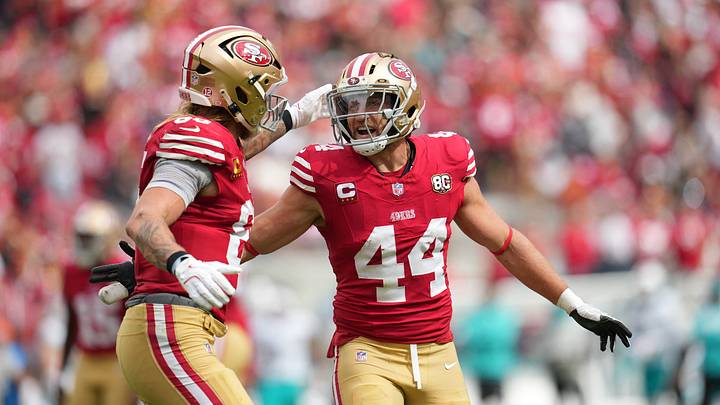 San Francisco 49ers fullback Kyle Juszczyk (44) congratulates tight end George Kittle (85) after a touchdown catch against the Miami Dolphins in the third quarter at Levi's Stadium. Mandatory Credit: Cary Edmondson-Imagn Images San Francisco 49ers fullback Kyle Juszczyk (44) congratulates tight end George Kittle (85) after a touchdown catch against the Miami Dolphins in the third quarter at Levi's Stadium. Mandatory Credit: Cary Edmondson-Imagn Images