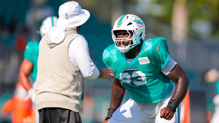 Miami Dolphins defensive tackle Zeek Biggers (93) works on the field during training camp at Baptist Health Training Complex. 