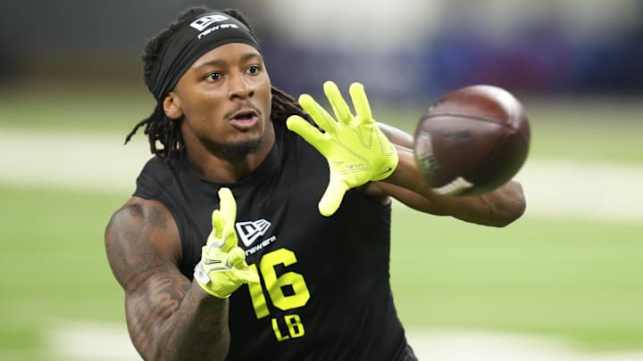 Feb 26, 2026; Indianapolis, IN, USA;  Pittsburgh linebacker Kyle Louis (LB16) during the NFL Scouting Combine at Lucas Oil Stadium. Mandatory Credit: Kirby Lee-Imagn Images