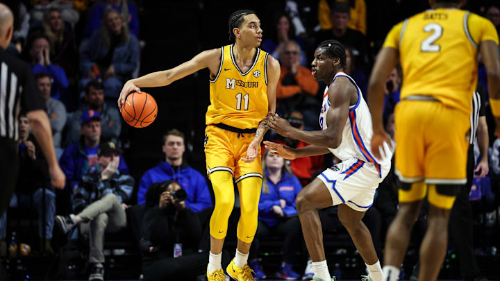 Missouri Tigers forward Trent Pierce (11), dribbles on a defender in a game versus the Florida Gators this season.