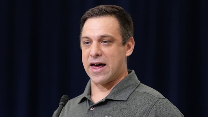 Feb 24, 2026; Indianapolis, IN, USA; Kansas City Chiefs general manager Brett Veach speaks at the NFL Scouting Combine at the Indiana Convention Center. Mandatory Credit: Kirby Lee-Imagn Images