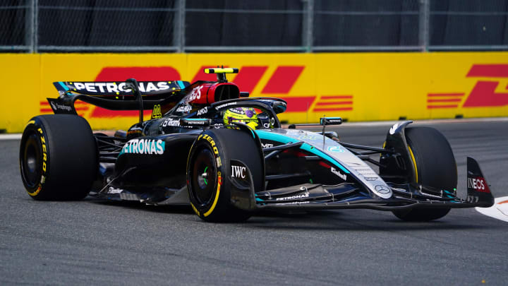 May 3, 2024; Miami Gardens, Florida, USA; Mercedes driver Lewis Hamilton (44) races out of turn 17 during F1 Sprint Qualifying at Miami International Autodrome. Mandatory Credit: John David Mercer-USA TODAY Sports