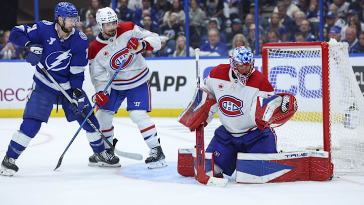Apr 29, 2026; Tampa, Florida, USA; Montreal Canadiens goaltender Jakub Dobes (75) makes a save against the Tampa Bay Lightning in the third period during game five of the first round of the 2026 Stanley Cup Playoffs at Benchmark International Arena. Mandatory Credit: Nathan Ray Seebeck-Imagn Images
