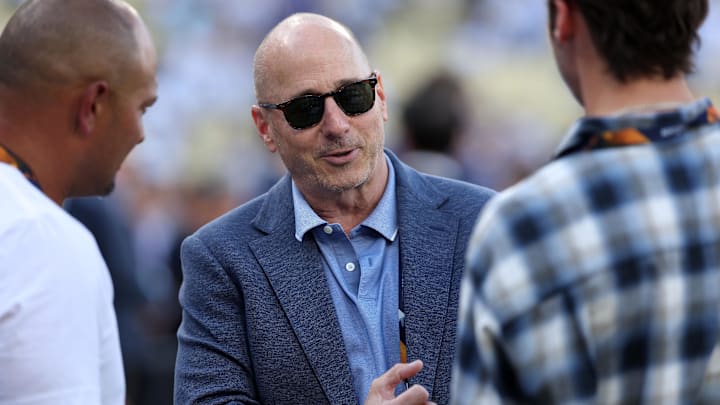 Oct 26, 2024; Los Angeles, California, USA; New York Yankees general manger Brian Cashman before game two of the 2024 MLB World Series at Dodger Stadium. Mandatory Credit: Kiyoshi Mio-Imagn Images