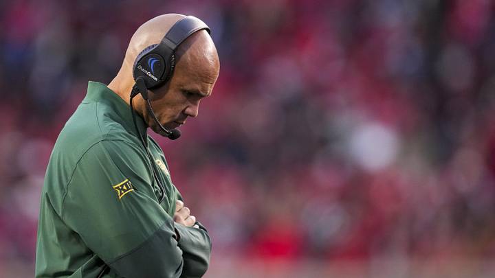 Baylor Bears head coach Dave Aranda works the sideline during the game. Baylor Bears head coach Dave Aranda works the sideline during the game.