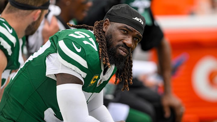 Sep 15, 2024; Nashville, Tennessee, USA;  New York Jets linebacker C.J. Mosley (57) looks up at the scoreboard from the bench against the Tennessee Titans during the second half during the second half at Nissan Stadium. 