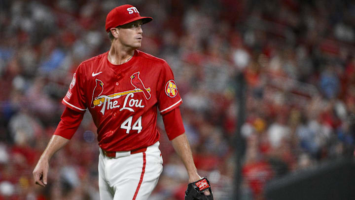 Sep 20, 2024; St. Louis, Missouri, USA;  St. Louis Cardinals starting pitcher Kyle Gibson (44) looks on after giving up a solo home run to Cleveland Guardians second baseman Andres Gimenez (not pictured) during the sixth inning at Busch Stadium. 