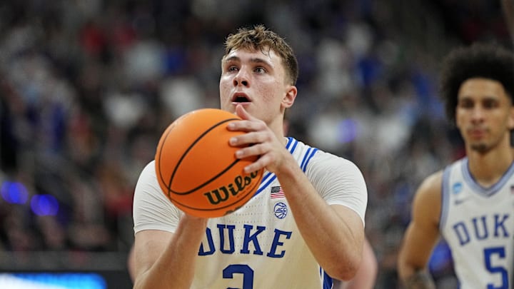 Duke Blue Devils forward Cooper Flagg (2) shoots the ball during the first half against the Baylor Bears in the second round of the NCAA Tournament at Lenovo Center. 