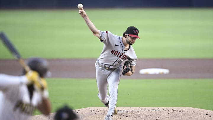 Jul 7, 2025; San Diego, California, USA; Arizona Diamondbacks starting pitcher Zac Gallen (23) delivers during the first inning against the San Diego Padres at Petco Park. Mandatory Credit: Denis Poroy-Imagn Images