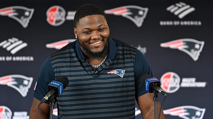 Mar 13, 2025; Foxborough, MA, USA; New England Patriots defensive tackle Milton Williams discusses his recent free agent addition to the Patriots with the media at Gillette Stadium. Mandatory Credit: Eric Canha-Imagn Images